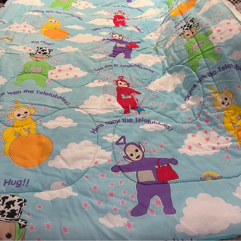 Vtg Ragdoll Teletubbies Theme Comforter made in USA bright colorful 2-sided bed